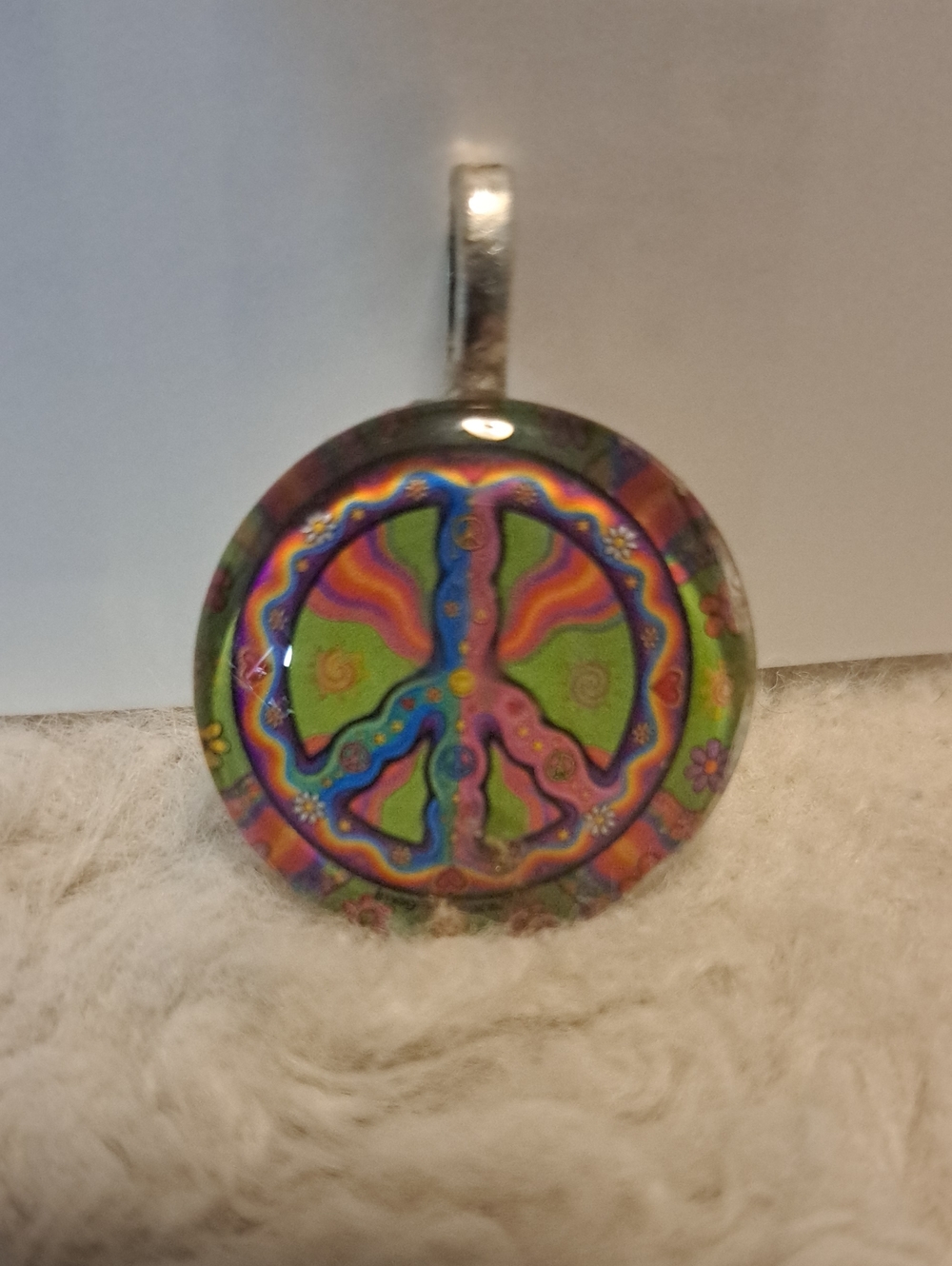 Hand Crafted Colorful Peace Sign Glass Tile Pendant Necklace Green & Multicolor